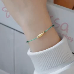Bracelet Poisson Couleur Or Avec Oeil Bleu Réglable - Femme - Corde Turquoise